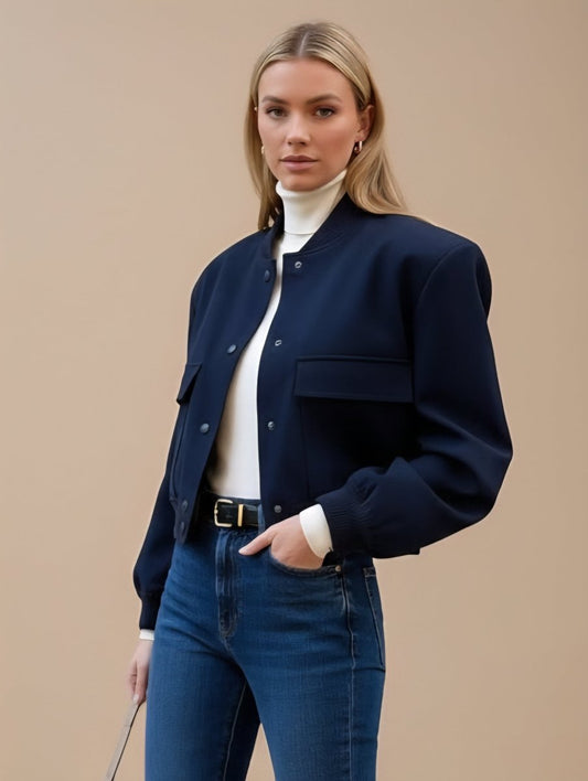 Structured Crop Shoulder Snap Front Bomber Jacket - Slay Hoodies