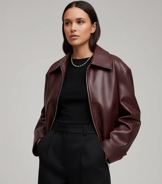 Burgundy Edge Faux Leather Over - Sized Bomber Jacket - Slay Hoodies