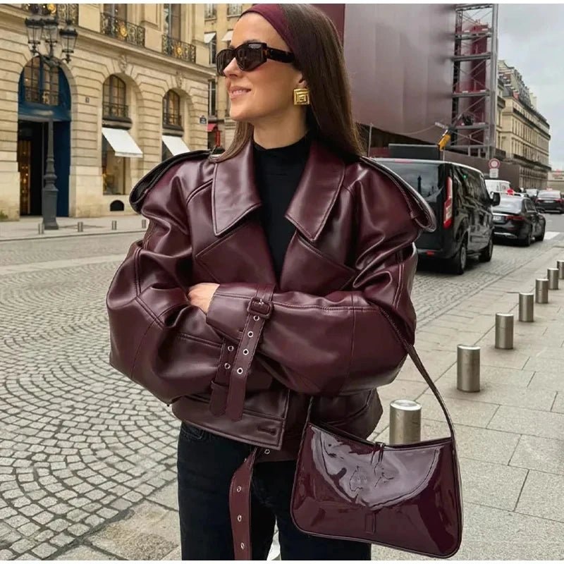 Burgundy Edge Faux Leather Over - Sized Bomber Jacket - Slay Hoodies