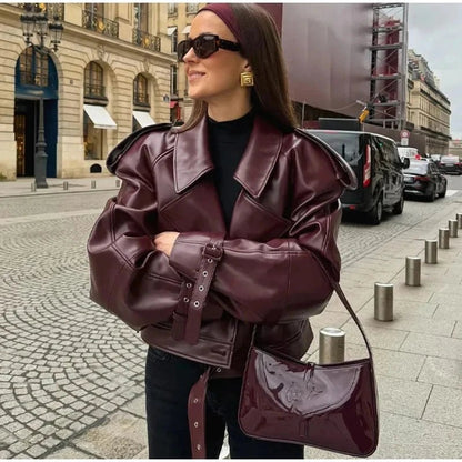 Burgundy Edge Faux Leather Over - Sized Bomber Jacket - Slay Hoodies