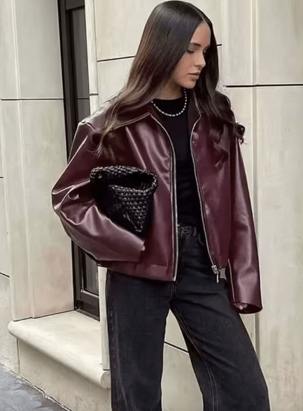 Burgundy Edge Faux Leather Over - Sized Bomber Jacket - Slay Hoodies