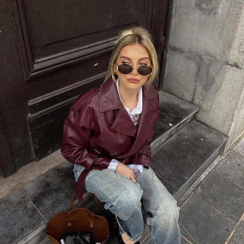 Burgundy Edge Faux Leather Over - Sized Bomber Jacket - Slay Hoodies