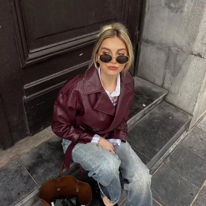 Burgundy Edge Faux Leather Over - Sized Bomber Jacket - Slay Hoodies