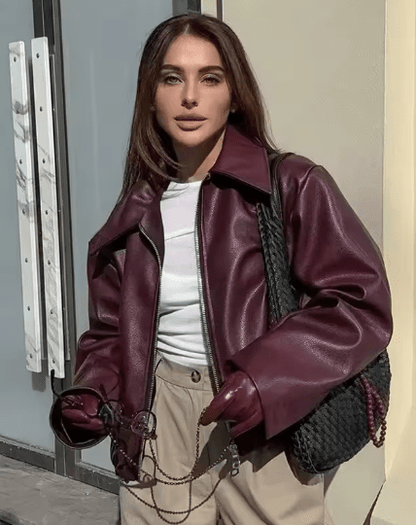 Burgundy Edge Faux Leather Over - Sized Bomber Jacket - Slay Hoodies