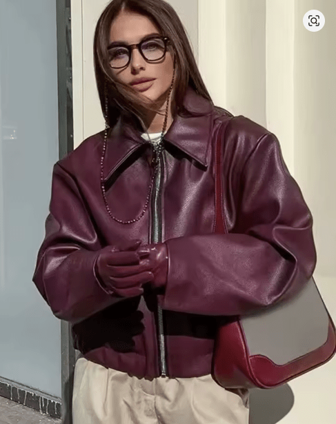 Burgundy Edge Faux Leather Over - Sized Bomber Jacket - Slay Hoodies