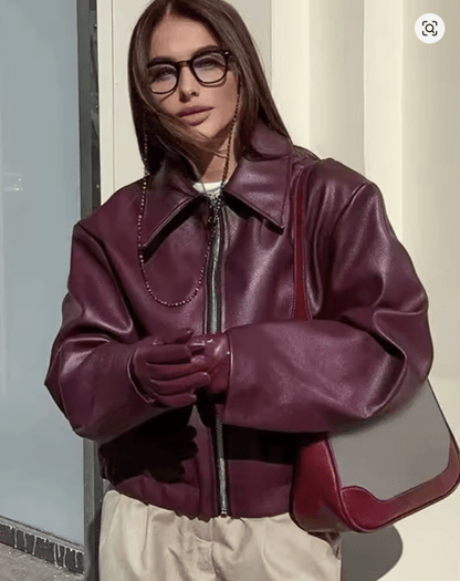 Burgundy Edge Faux Leather Over - Sized Bomber Jacket - Slay Hoodies