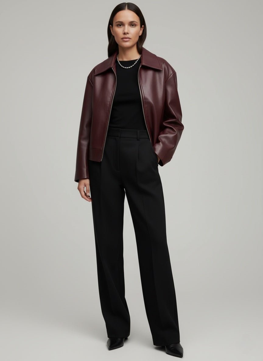 Burgundy Edge Faux Leather Over - Sized Bomber Jacket - Slay Hoodies