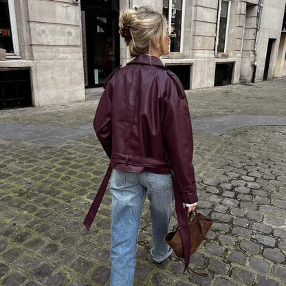 Burgundy Edge Faux Leather Over - Sized Bomber Jacket - Slay Hoodies