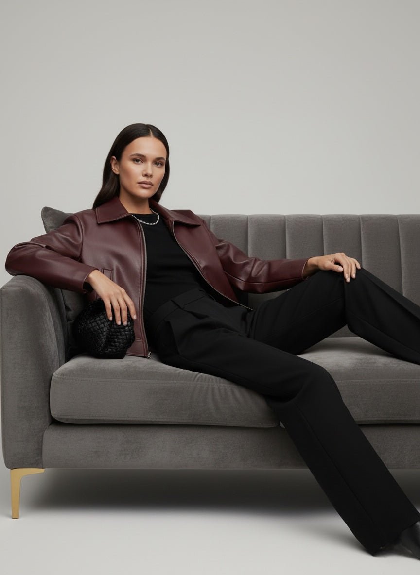 Burgundy Edge Faux Leather Over - Sized Bomber Jacket - Slay Hoodies