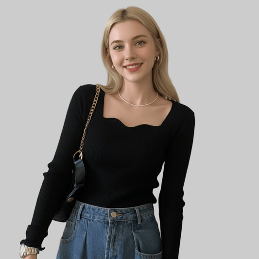 Elegant Wave Neck Ribbed Knit Top - Slay Hoodies