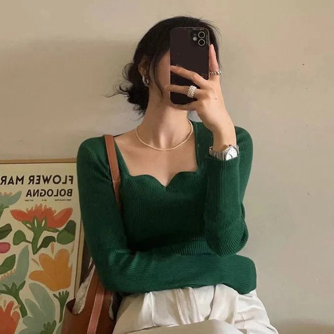 Elegant Wave Neck Ribbed Knit Top - Slay Hoodies