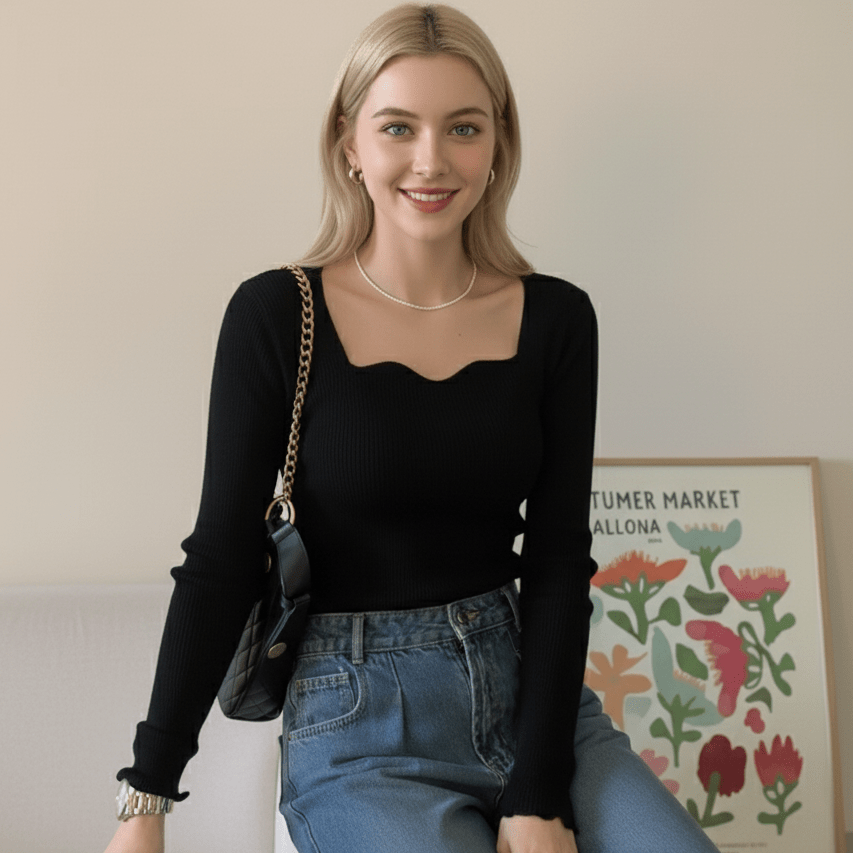 Elegant Wave Neck Ribbed Knit Top - Slay Hoodies