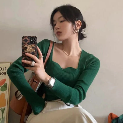 Elegant Wave Neck Ribbed Knit Top - Slay Hoodies