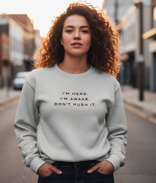 Embroidered Sweatshirt : I'm Here. I'm Awake. Don't Push It. - Slay Hoodies