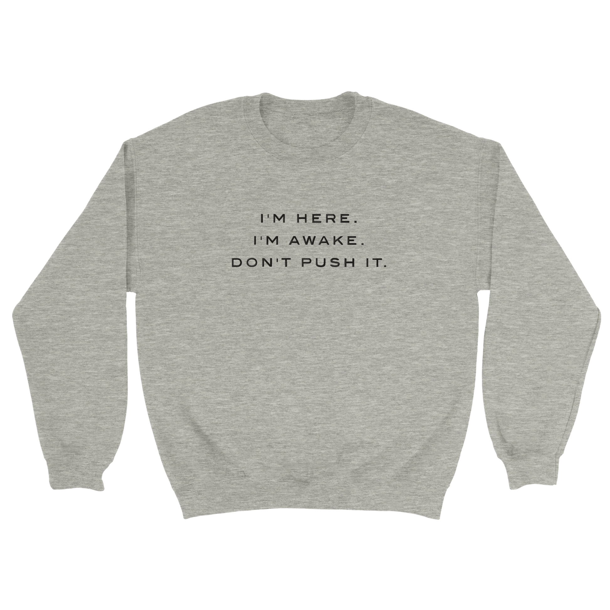 Embroidered Sweatshirt : I'm Here. I'm Awake. Don't Push It. - Slay Hoodies