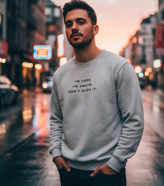 Embroidered Sweatshirt : I'm Here. I'm Awake. Don't Push It. - Slay Hoodies