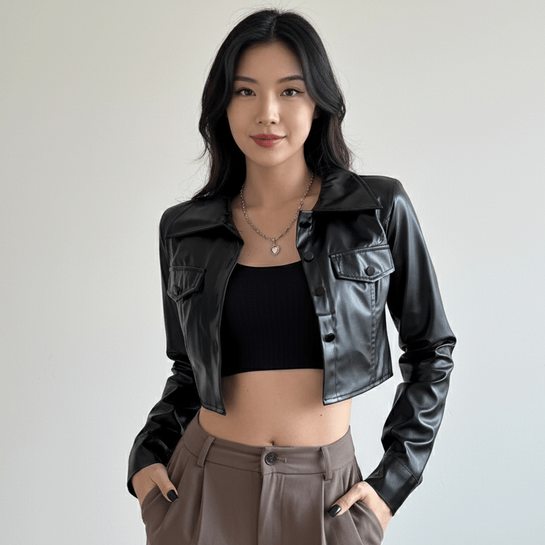 Faux Leather Turn - Down Collar Crop Jacket - Slay Hoodies