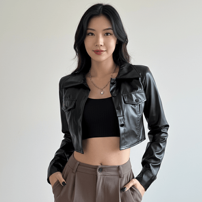 Faux Leather Turn - Down Collar Crop Jacket - Slay Hoodies