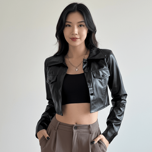 Faux Leather Turn - Down Collar Crop Jacket - Slay Hoodies