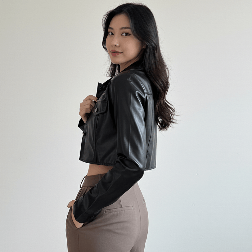 Faux Leather Turn - Down Collar Crop Jacket - Slay Hoodies