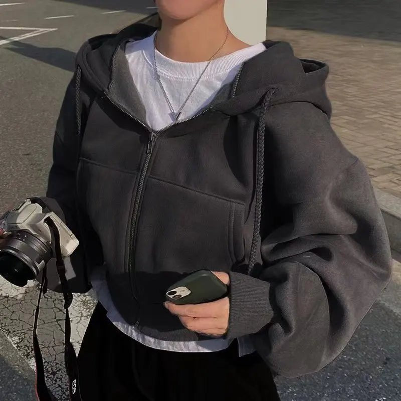 Fleece - lined Versatile Cropped Zip - up Hoodie - Slay Hoodies