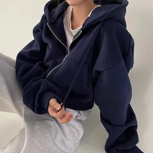 Fleece - lined Versatile Cropped Zip - up Hoodie - Slay Hoodies