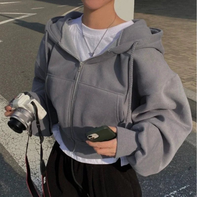 Fleece - lined Versatile Cropped Zip - up Hoodie - Slay Hoodies