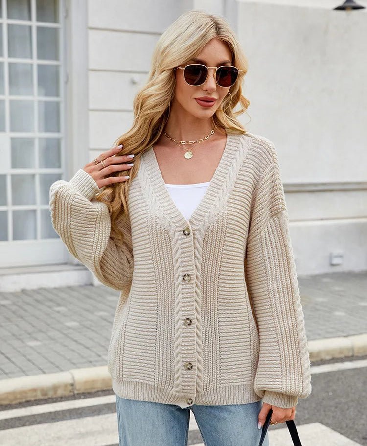 Long Sleeve V - Neck Plaid Knitted Cardigan - Slay Hoodies