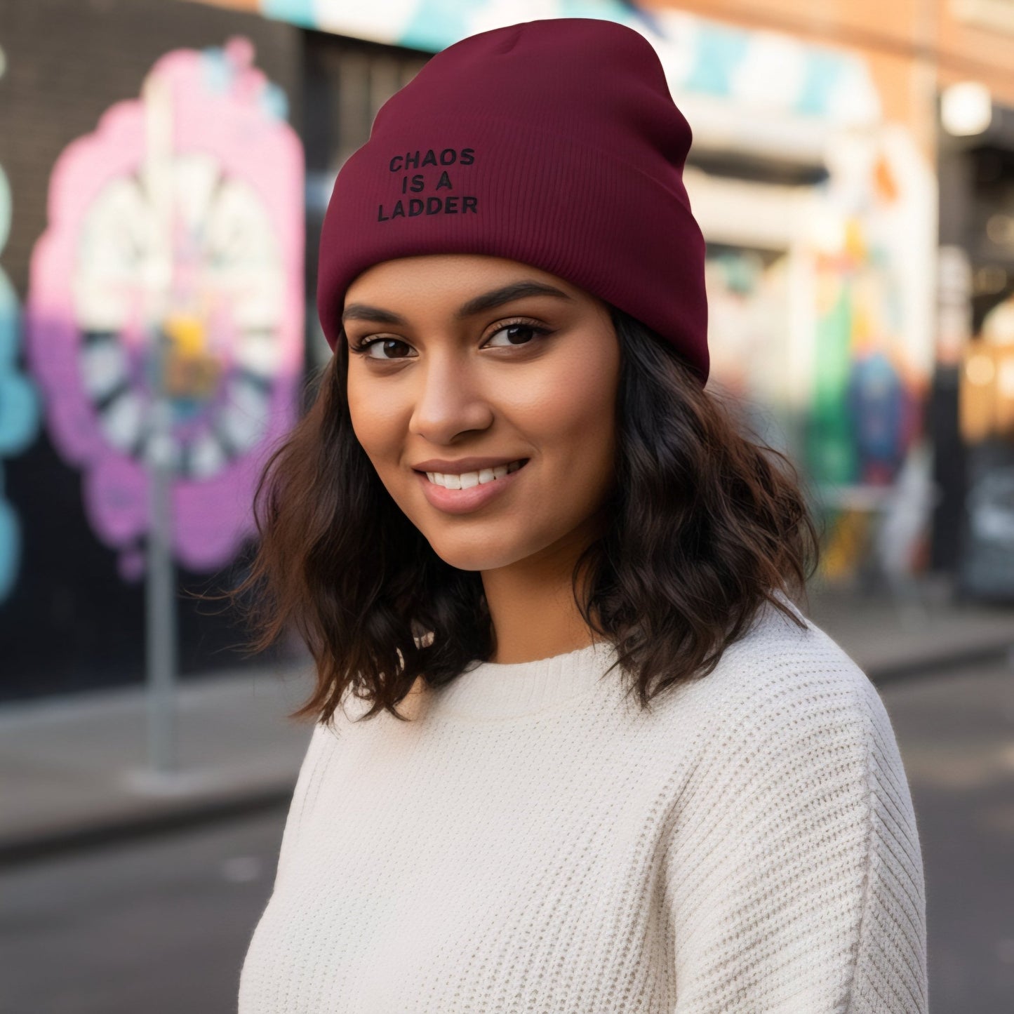 Premium Cuffed "Chaos Is A Ladder" Embroidered Beanie - Slay Hoodies