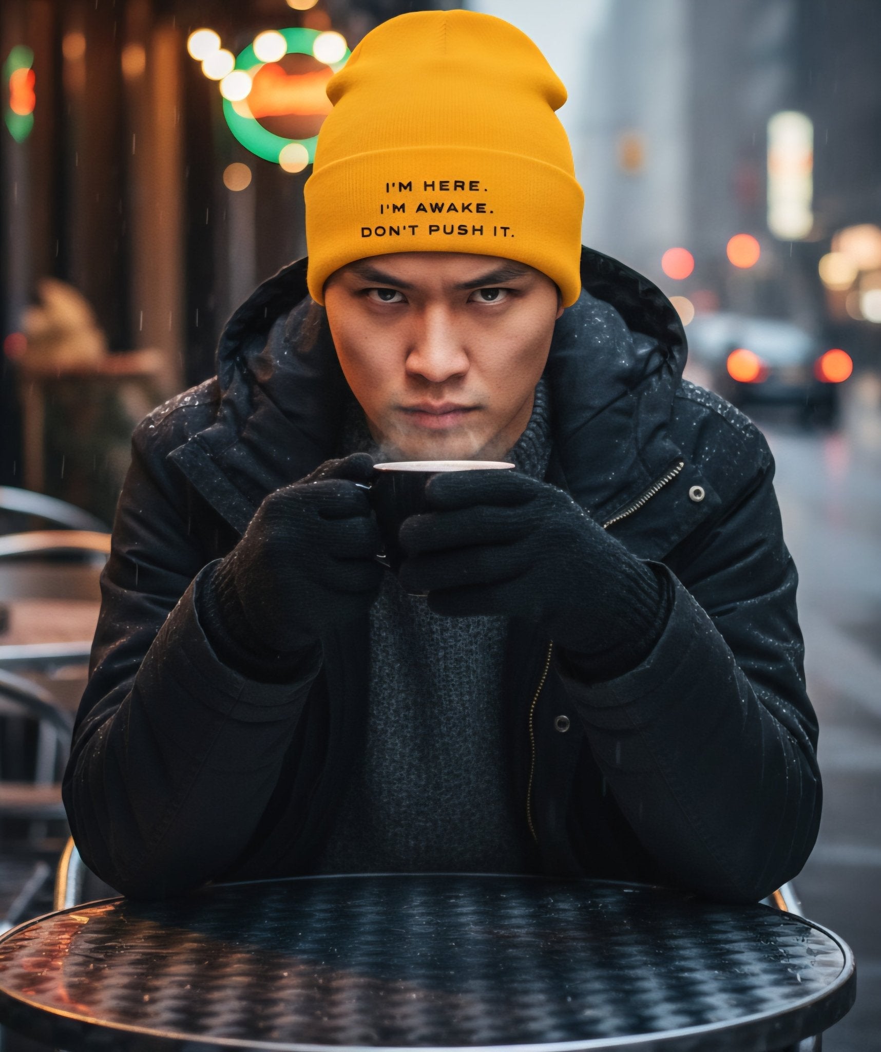 Premium Cuffed "I'M HERE. I'M AWAKE. DON'T PUSH IT." Embroidered Beanie - Slay Hoodies
