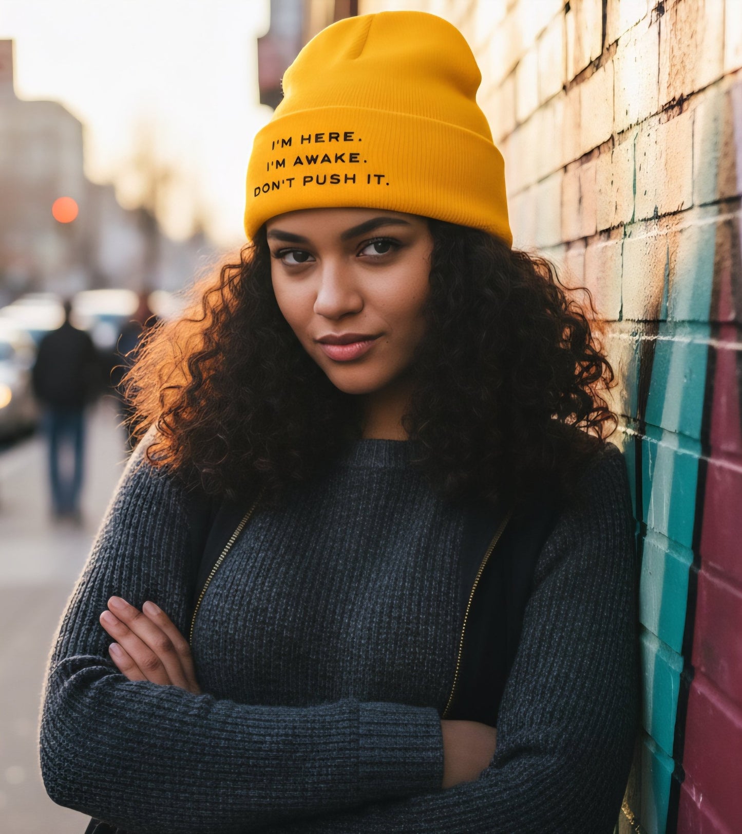 Premium Cuffed "I'M HERE. I'M AWAKE. DON'T PUSH IT." Embroidered Beanie - Slay Hoodies