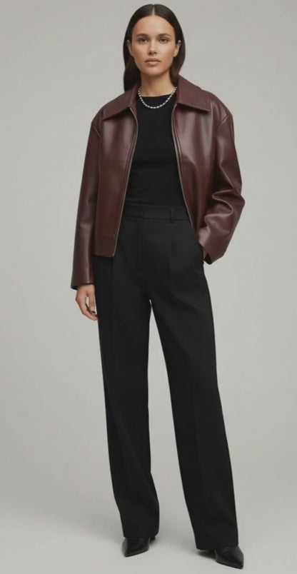 Burgundy Edge Faux Leather Over-Sized Bomber Jacket