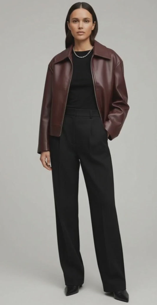 Burgundy Edge Faux Leather Over-Sized Bomber Jacket