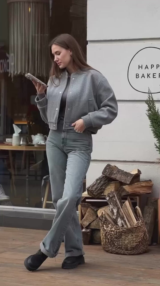 Grey Varsity Loose Cropped Bomber Jacket