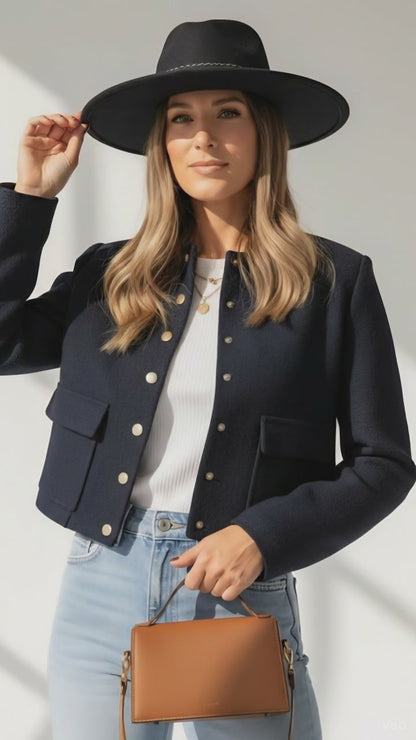 Chic Cropped Gold Button High-Street Jacket