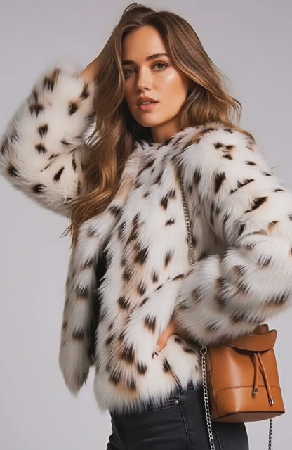 Snow Leopard Patchwork Faux Fur Jacket