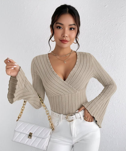 Sleek Surplice Rib Knit Top | Flattering V - Neck Bell Sleeve Blouse - Slay Hoodies