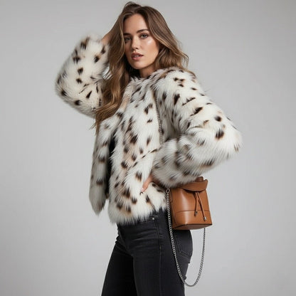 Snow Leopard Patchwork Faux Fur Jacket - Slay Hoodies