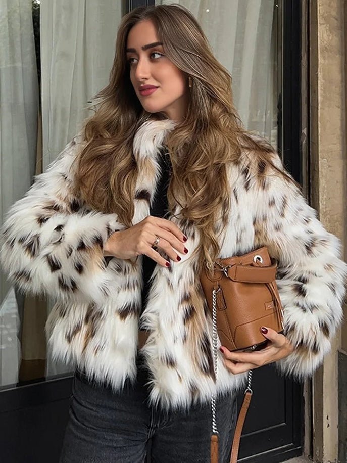 Snow Leopard Patchwork Faux Fur Jacket - Slay Hoodies