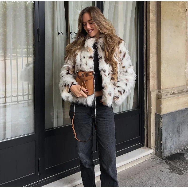 Snow Leopard Patchwork Faux Fur Jacket - Slay Hoodies