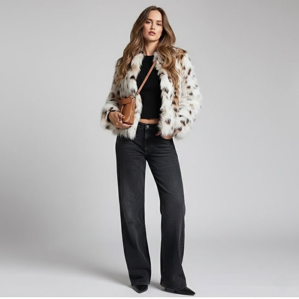 Snow Leopard Patchwork Faux Fur Jacket - Slay Hoodies
