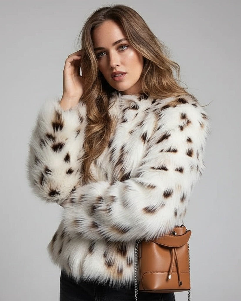 Snow Leopard Patchwork Faux Fur Jacket - Slay Hoodies