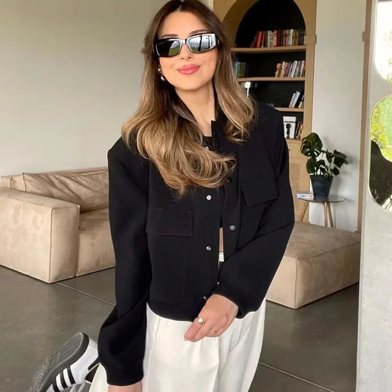 Structured Crop Shoulder Snap Front Bomber Jacket - Slay Hoodies