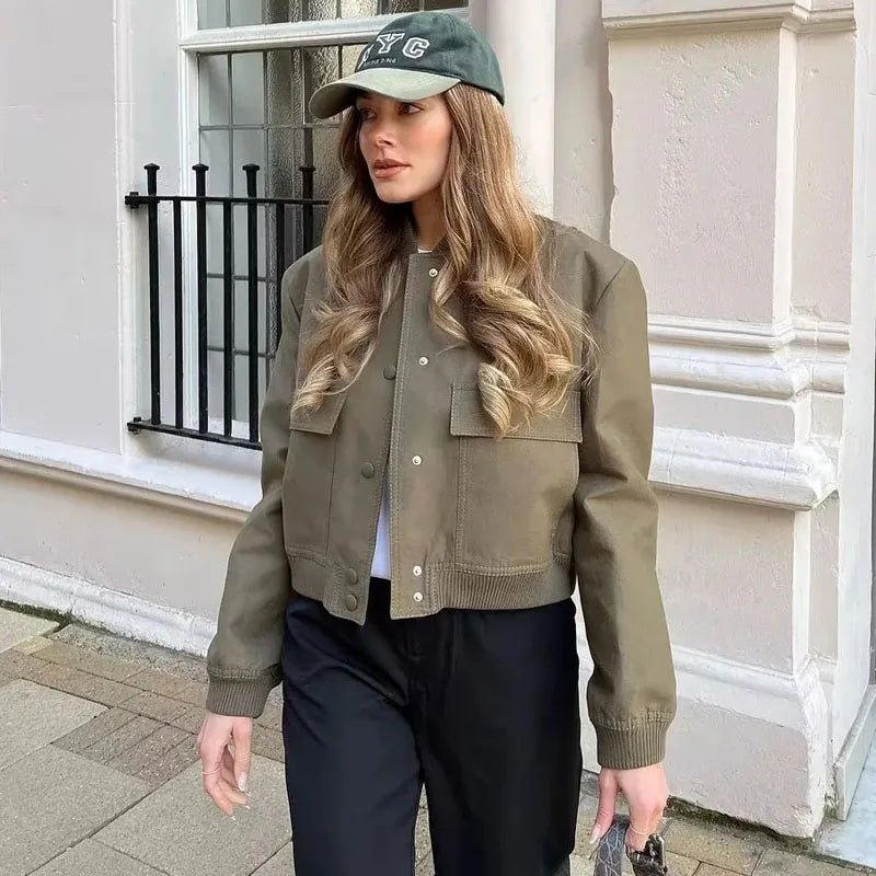 Structured Crop Shoulder Snap Front Bomber Jacket - Slay Hoodies