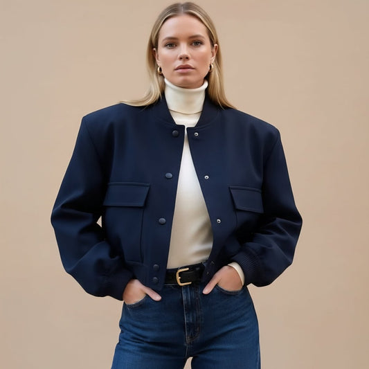 Structured Crop Shoulder Snap Front Bomber Jacket - Slay Hoodies