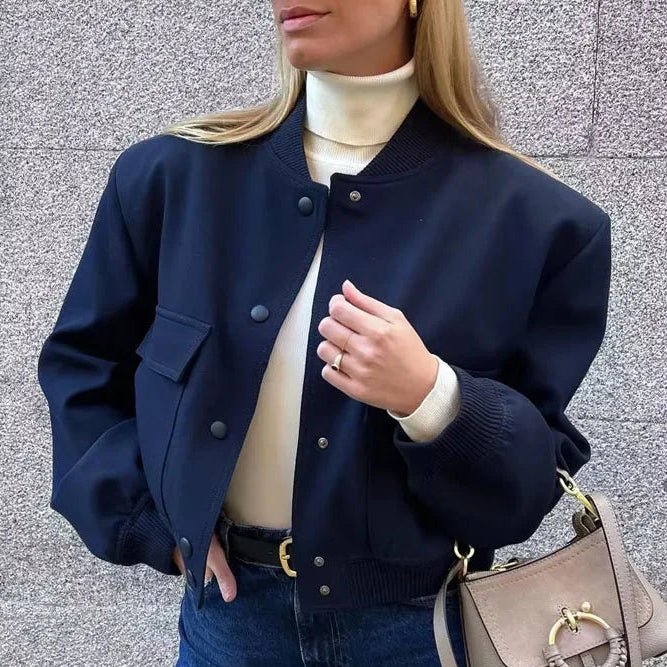 Structured Crop Shoulder Snap Front Bomber Jacket - Slay Hoodies