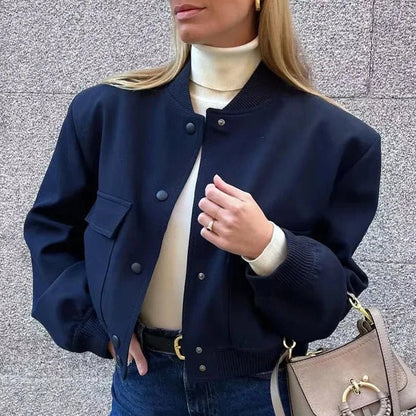 Structured Crop Shoulder Snap Front Bomber Jacket - Slay Hoodies