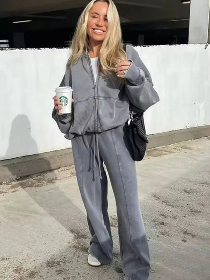 Two - Piece Retro Zip Bomber + High Waist Wide Leg Pants - Slay Hoodies